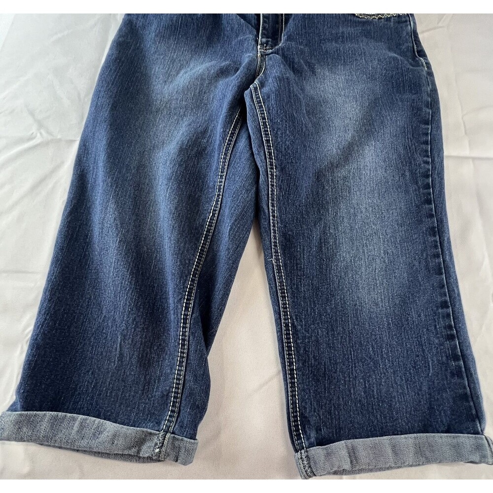 Baccini Womens Medium Wash Rolled Hem Flap Pockets Stretch Denim Capris Size 8